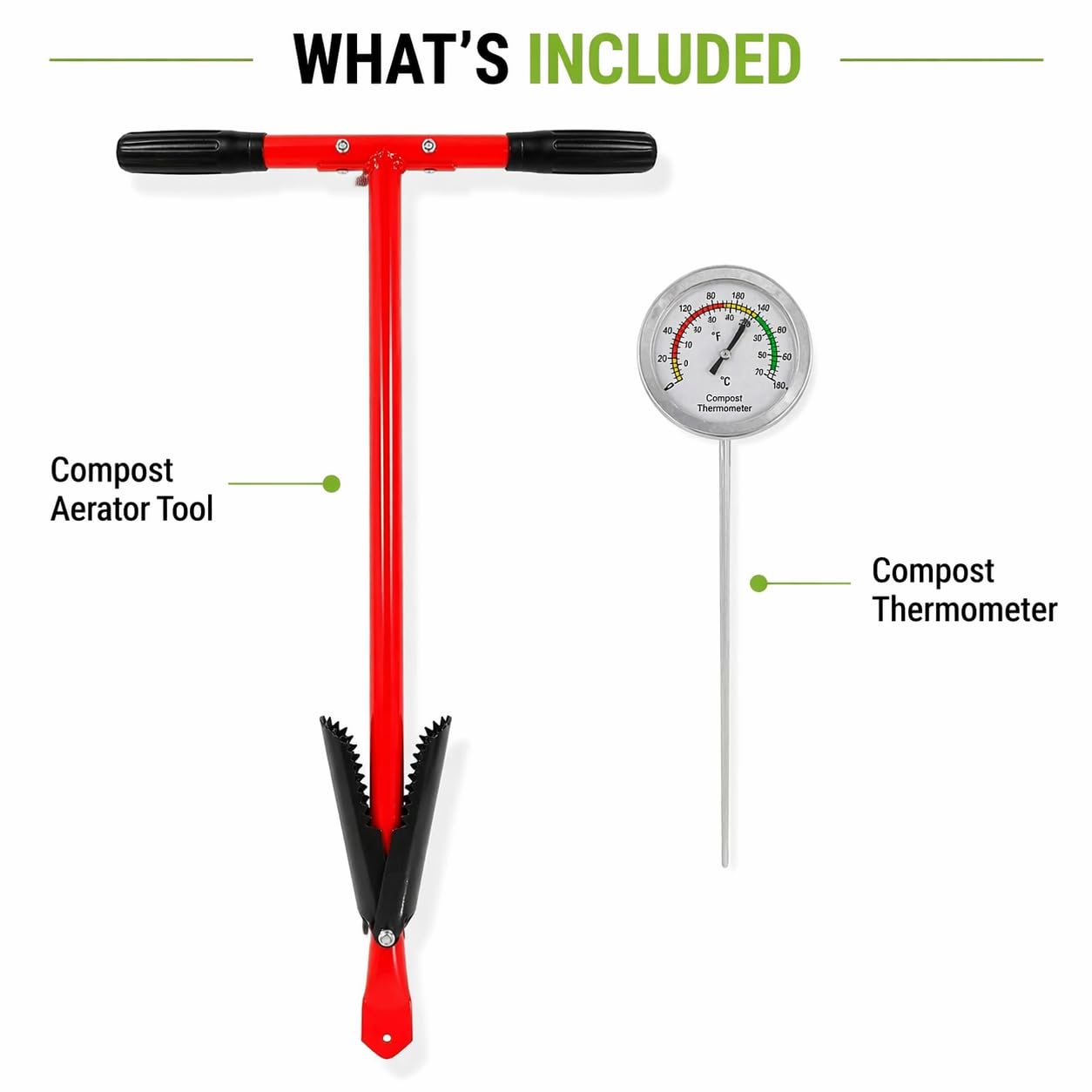IRSTBL Herramienta aireadora de compost con termómetro, agitador de compost, acero resistente al óxido, mango antideslizante, juego de herramientas de mezcla de abono de jardín
