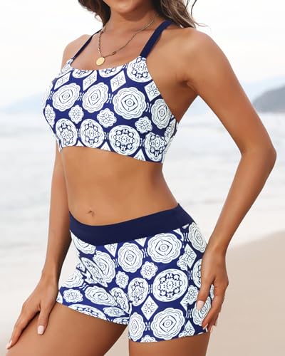 Image of Aqua Eve 3 Piece Tankini Swimsuit for Women Tank Bathing Suit with Shorts Open Back Athletic Swimwear