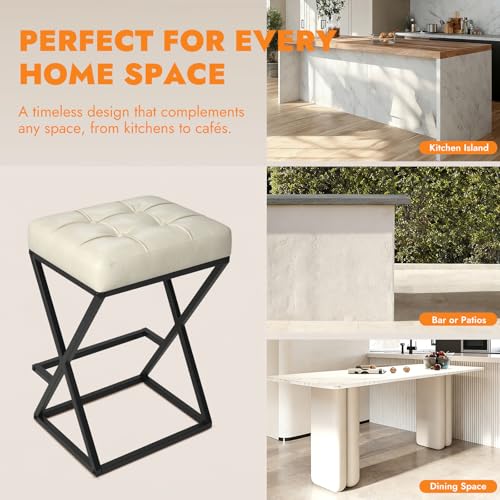 Image of Bar Stools Set of 3, 26 Inch Counter Height Faux Leather Cream White | Backless Counter Stools Upholstered Seat, X-Frame Metal Legs, Footrest, Mid-Century Modern for Kitchen Island Home Bar