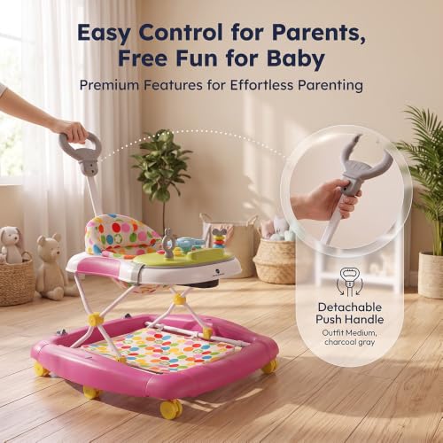 Image of StarandDaisy Baby Walker for Kids with Parent Push Handle, Joyhop 4-in-1 Foldable Activity Walker, Musical Toy Tray, Adjustable Height, Anti-Fall Safety Stopper, Baby Walking Trainer (Pink)