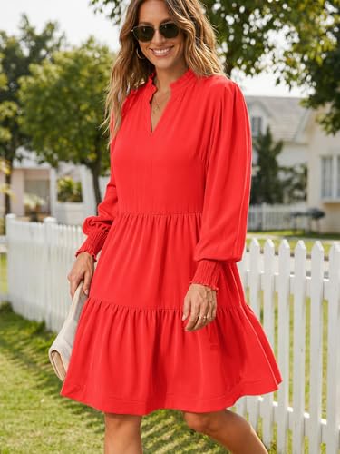 Image of Imily Bela Womens Fall Long Sleeve Tunic Dress Casual V Neck Tiered Dress | Loose,Swing,A-Line,Ruffled Collar,Puff Balloon Sleeve,Smocked Elastic Cuffs,Tiered Layered Ruffle Hem,Babydoll,Loose,Mini