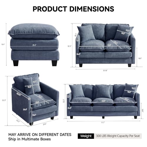 Image of 72'' Cloud 3 Seater Couch with 2 Ottomans, U Shaped Sofa with 3 Throw Pillows, Modern Sectional Couches with Deep Seat, Modular Sofas for Living Room, Bedroom, Small Apartment, Blue