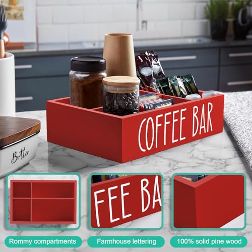 Image of ALELION Red Coffee Station Organizer with Removable Dividers - Wood Coffee Bar Accessories Organizer for Countertop - Coffee Pod Holder Storage Basket for K Cup Sugar Tea - Red Coffee Bar Decor