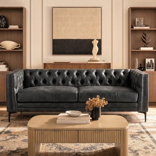 Image of HULALA HOME 84 inch W Faux Leather Sofa Couch with Metal Legs, Button-Tufted 3-Seater Sofa, Mid Century Modern Contemporary Upholstered Couch for Living Room, Apartment, Charcoal