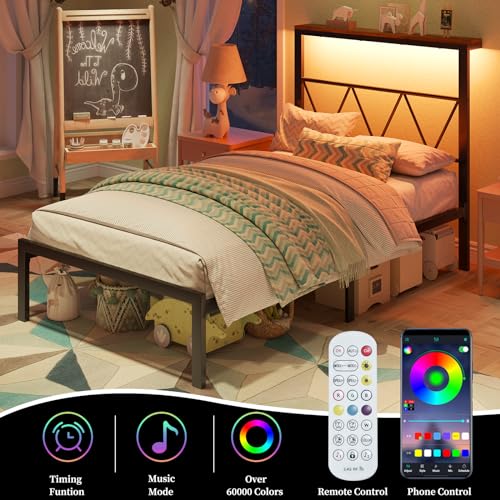 AMERLIFE Twin Metal Bed Frame with Headboard, LED Light, and Underbed Storage, Black