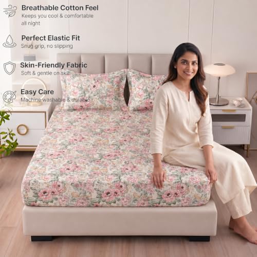 Image of VAS COLLECTIONS 240 TC Premium Double Bed Fitted Bedsheet, Soft Comfortable Stretchable Mattress Sheet with Elastic Fitted Corners, Durable Easy Care, 72 x 72 + 10 Inches (183x183+25 cm) - Warm Pearl