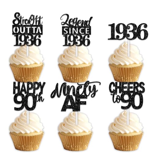 18pcs Black Glitter Dessert Cupcake Pick for Straight Outta 1934 Legend Since 1934 Theme Decor Supplies Men Happy 90th Birthday Party Decoration