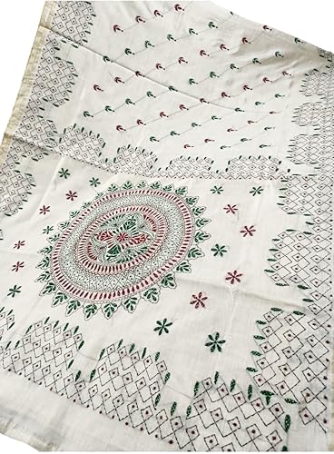 Image of SHRISTI CLOTHINGS Women's Hand Embroidered Cotton Silk Kantha Stitch Saree with Blouse Piece (J420824 OFFWHITED90)