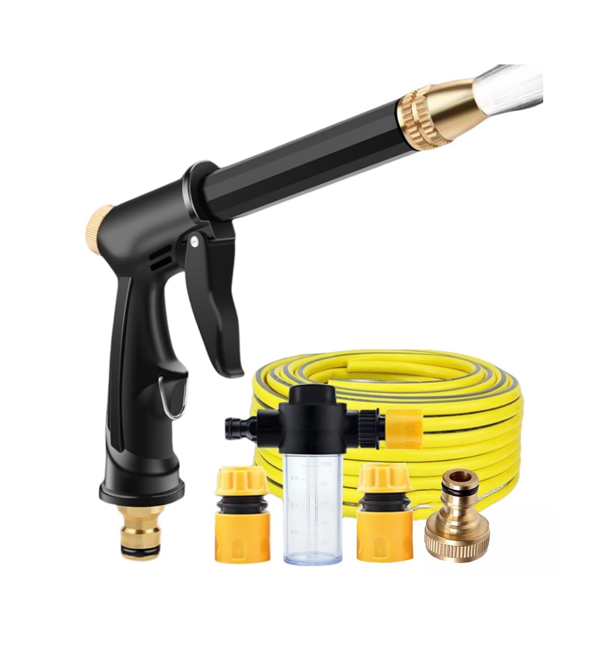 98ft Household Car Wash Water Gun, Garden Hose, Car Wash Hose Kit with Extended Reach Pole Gun, 3 Quick-Connect Fittings & Foam Sprayer Bottles for