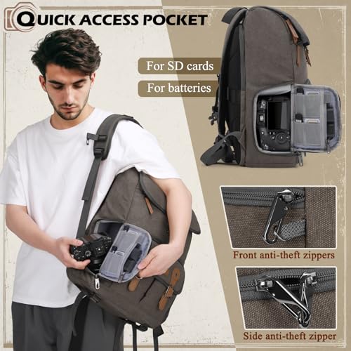 Image of RAINSMORE Camera Backpack, DSLR SLR Mirrorless Camera Bag for Photographer | 15.6 Inch Vintage Canvas Camera Case with Laptop Compartment & Tripod Holder & Rain Cover for Sony Canon Nikon Fujifilm Grey