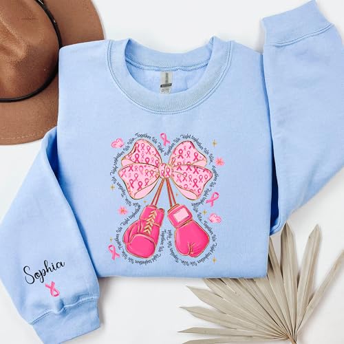 Custom Breast Cancer Awareness With Name on Sleeve Sweatshirt, Preppy Pink Bow Boxing Gloves Shirt, Cancer Support T-Shirt, This Is My Fight Breast Cancer Tee, Pink Ribbon Tee2