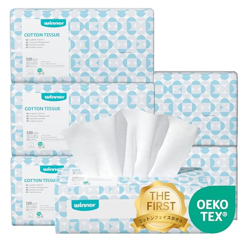 Winner フェイスタオル クレンジングタオル フェイスペーパー OEKO-TEX®認証 天然コットン ふきとり用 毛羽立ちなし 使い捨て 手拭き 顔拭き メイク落とし 敏感肌用 乾湿両用 600枚入り(100枚×6個セット) 20x20cm
