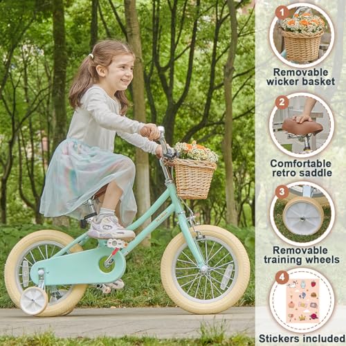 Image of Petimini Vintage Kids Bike for Girls, 12-20 Inch Classic Bicycle with Wicker Basket & Bell, High Tensile Steel Frame, Training Wheels (12-18 inch), 85% Pre-Assembled, Retro Bike for Outdoor Riding