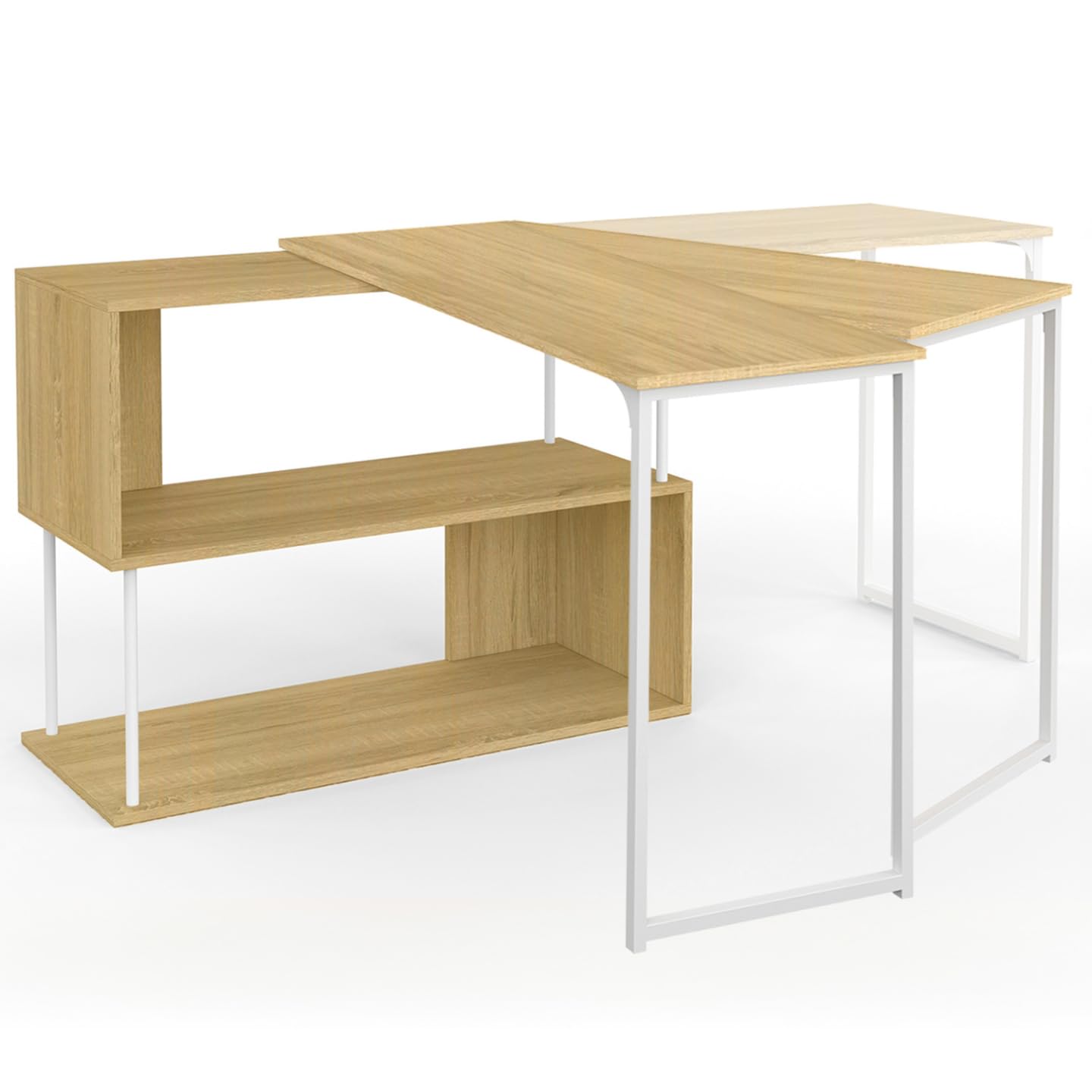 IDMarket - Escritorio esquinero giratorio 180° DETROIT Estantería en forma de S diseño industrial madera y metal blanco
