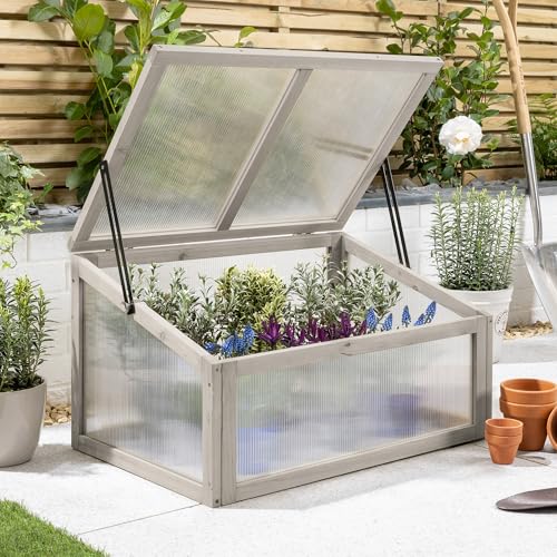 Christow Raised Bed Cold Frame Greenhouse, FSC Wooden Garden Grow House for Vegetables & Plants, Polycarbonate UV-Stabilised Panels for Strong, Healthy Growth, Grey Painted, 70cm x 46.2cm x 39.5cm