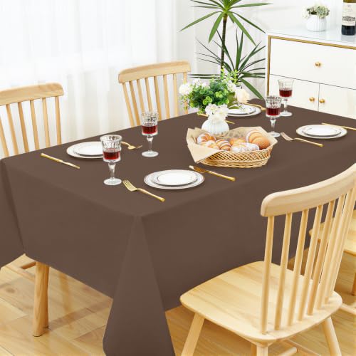 Image of Smiry Rectangle Table Cloth 60 inchx102 inch, Waterproof Wipeable Vinyl Tablecloth | Oil Spill Proof Plastic Table Cover, Flannel Backed Table Cloths for Dining, Picnic, Camping, Outdoor, Brown