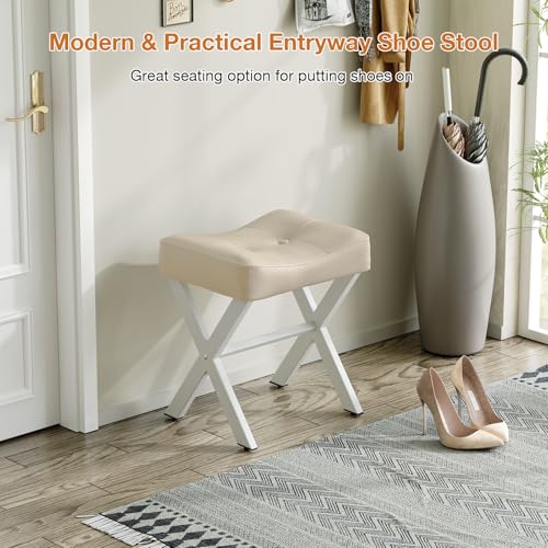Image of Memobarco 18-Inch Leather Vanity Stool Chair, Vanity Bench with Metal X-Leg, Ottoman Accent Stool with Thick Padded Saddle Seat, Beige