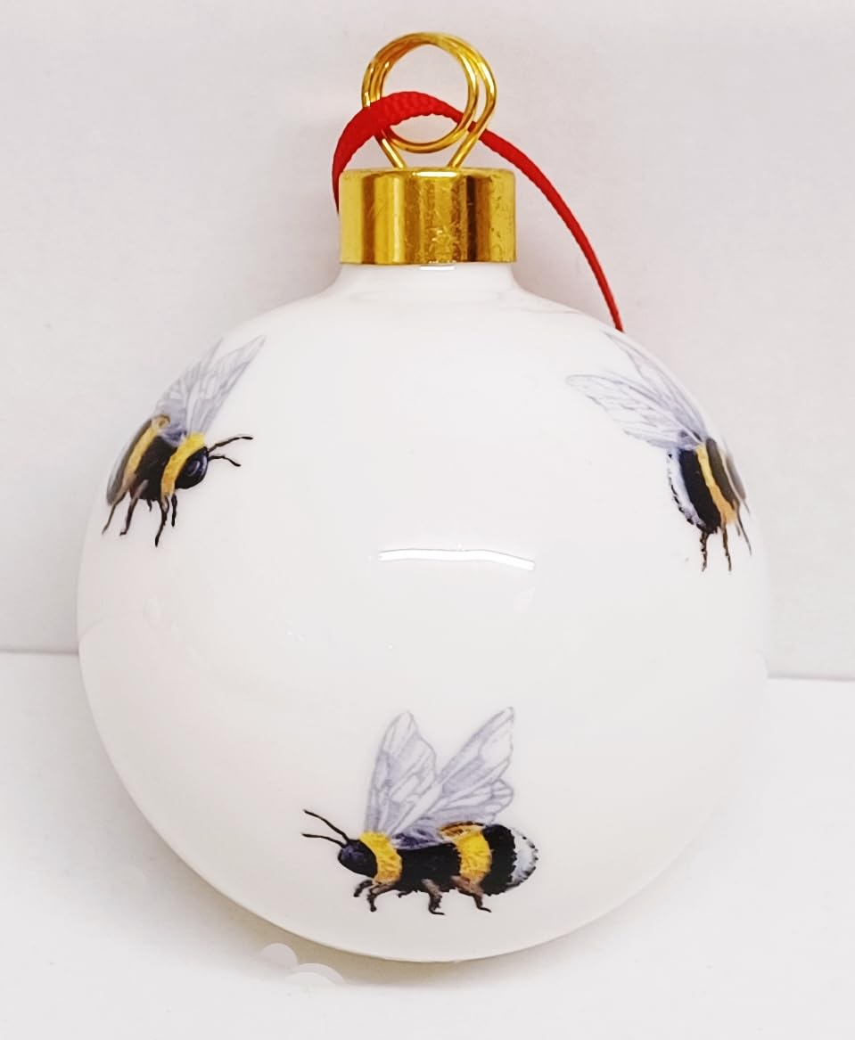 Bees Bauble Fine Bone China 7 cm Christmas Ornament Bumblebees Hand Decorated in UK