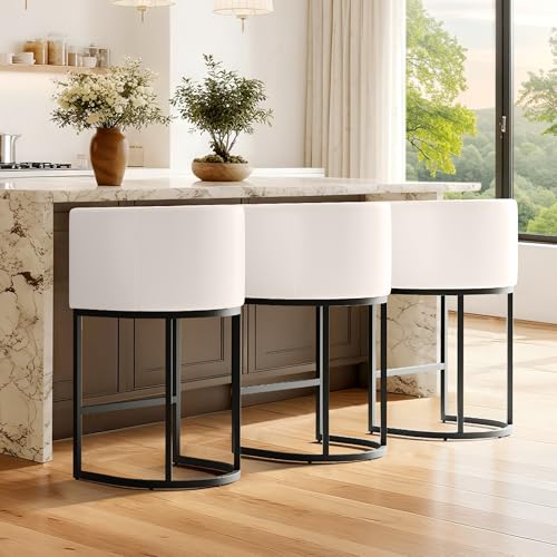 LVHOMLAX Modern Counter Height Bar Stools,Bar Stools Set of 3,PU Leather Upholstered Barrel Barstools with Backs,26'' Kitchen Island Chairs,Metal Black Frames,Beige White Leather
