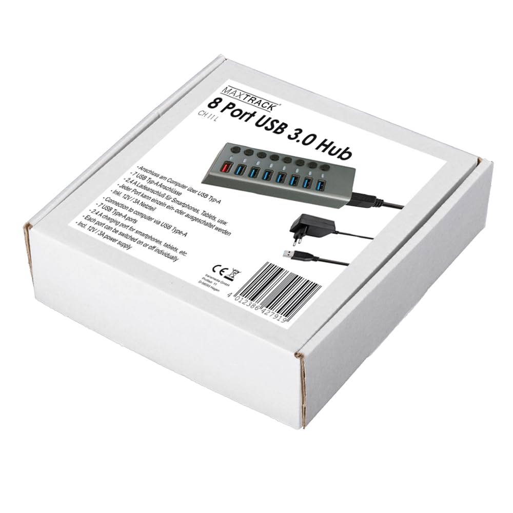 Transmedia USB HUB 3.0, 8 porte con interruttore e indicatore LED, incluso alimentatore 12 V/4 A, 7 x trasferimento dati e 1 x funzione di ricarica rapida, adatto per laptop e PC