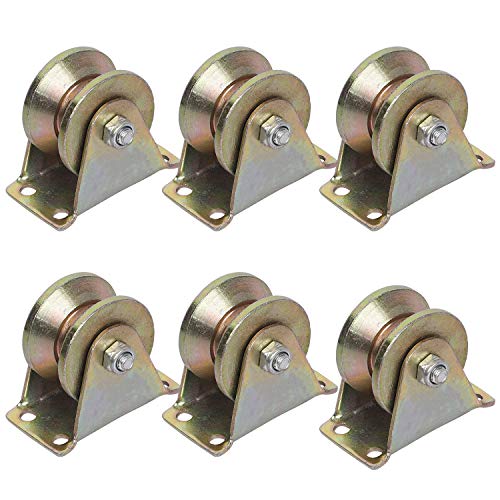 KEILEOHO 6 PCS 2 Inch V Groove Wheel,Electroplated Anti Corrosion 1045 Steel Heavy Duty Caster Wheels Sliding Gate Rollers Pressure Bearing Pully Long-Lasting Convenient V-Shaped Bracket Roller