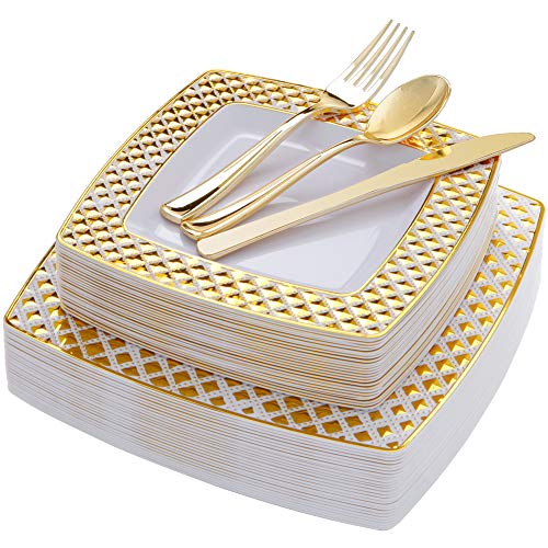 WDF 125PCS Gold Plastic Plates with Disposable Silverware,Diamond Square Plastic Tableware include 25 Dinner Plates,25 Salad Plates,25 Forks, 25 Knives, 25 Spoons