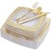 WDF 125PCS Gold Plastic Plates with Disposable Plastic Silverware,Diamond Square Plastic Tableware include 25 Dinner Plates,25 Salad Plates,25 Forks, 25 Knives, 25 Spoons