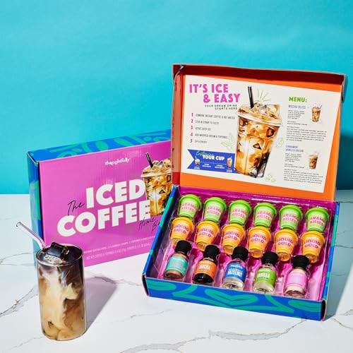 Image of Thoughtfully, Iced Coffee Barista Bar Gift Set, Includes Instant Coffee, Flavored Syrups, Cocoa Powder & Cinnamon Sugar, DIY Coffee Station Sampler Gift for Coffee Lovers