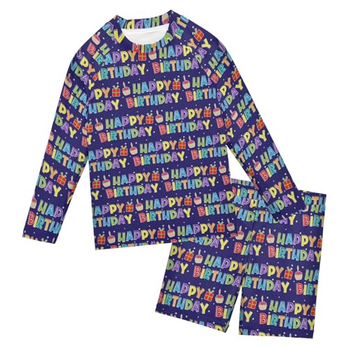 Colorful Happy Birthday Boys Swimsuit Rash Guard Toddler Kids Long Sleeve Swim Shirt and Trunks 2 Piece Swimwear Set 7-8Y