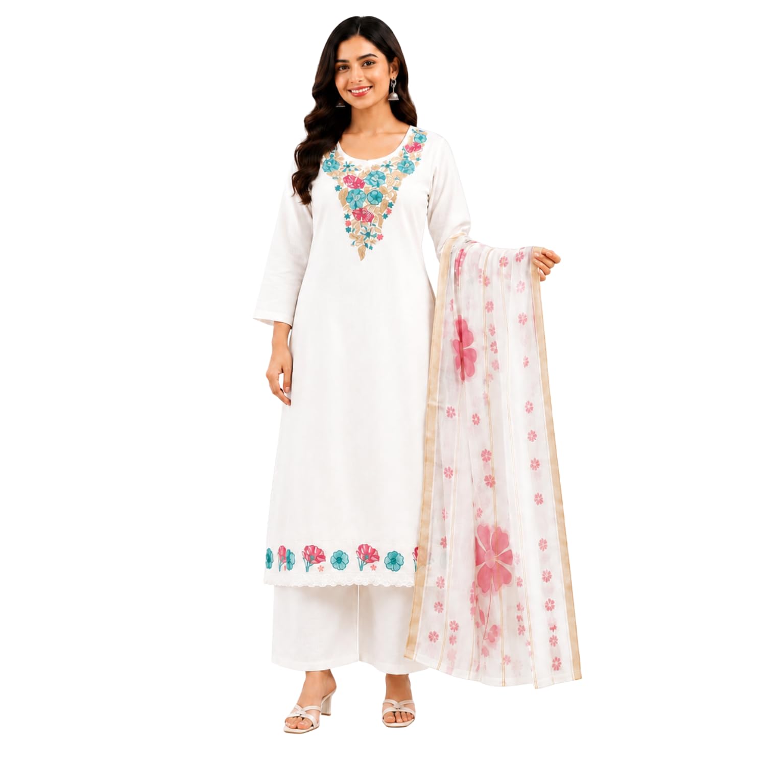 Women's White Cotton Kurta Pant Dupatta Set with Floral Embroidered Straight Kurta, Organza Printed Dupatta, 3/4 Sleeves, Ethnic Wear for Festive, Casual & Office-picture-39