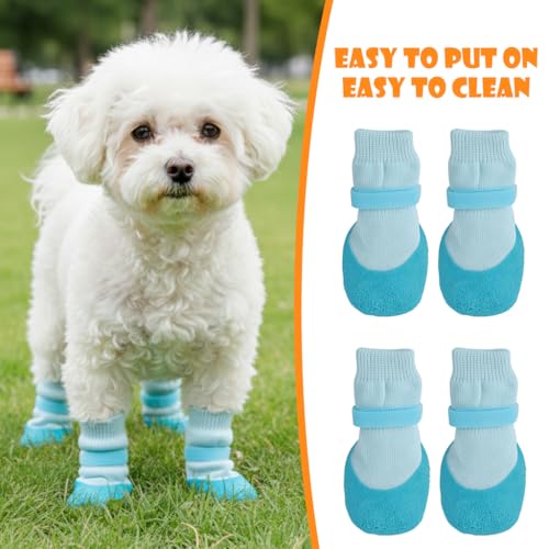 Image of Qpets 4Pcs Non-Slip Dog Socks, Rubber Dog Shoes Waterproof Pet Paw Protector Shoes with Soft Knit Upper & Durable Grip Sole, Adjustable Strap Pet Booties for Dogs Cat Indoor Outdoor Walking M 4-6.5KG