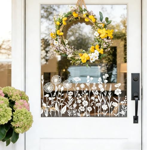 COMOOKA 5 Blatt Fensterbilder Frühling Blumen 89x27cm Pusteblumen Selbstklebend Fenstersticker Weiß Wiederverwendbar Sommer Ostern Wohnzimmer Kinderzimmer Deko Fenster Fensteraufkleber