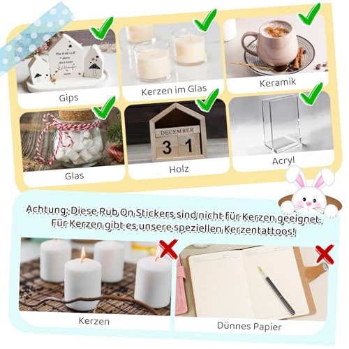 4 Blätter Oster Eier Sticker Tattoos Gesichter Aufkleber Eierfarben Ostern Sticker Personalisiert Rub Ons Kinder Buchstaben Transferaufkleber für Ostereier Möbel Glas Holz Scrapbooking