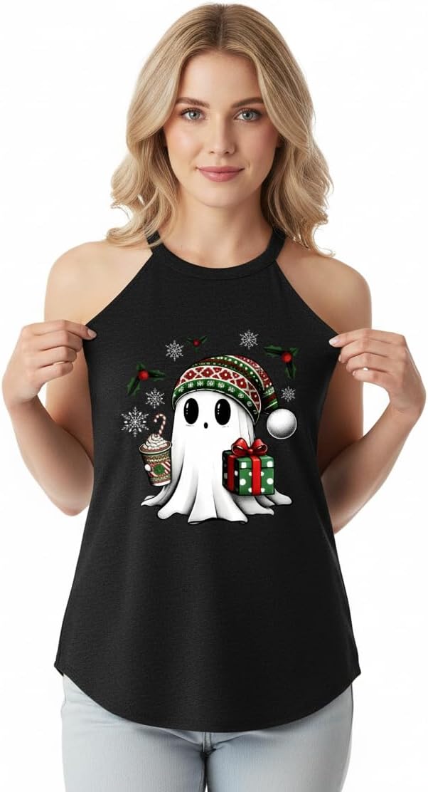Christmas Ghost with Coffee and Gift TRI Rocker Cotton Tank - Novelty and Fun Design, Washed Heavyweight Cotton Gym t-Shirt