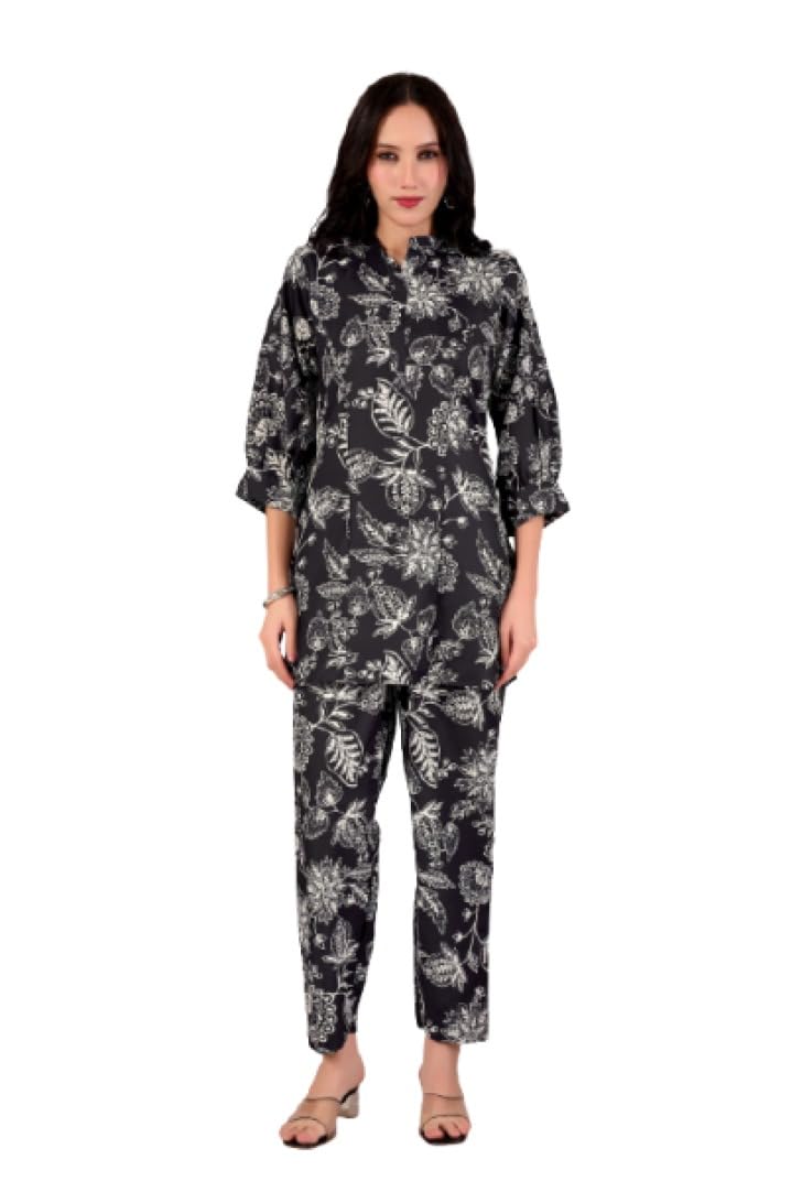 eva era Women's Designer Black and White Floral Print Co-Ord Set, Trendy Two Piece Outfit with Mandarin Collar Top and Pants-picture-37