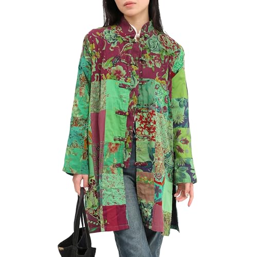 Women's Boho Floral Patchwork Jacket Lightweight Color-Blocked Plaid Windbreaker Coat for Spring & Fall