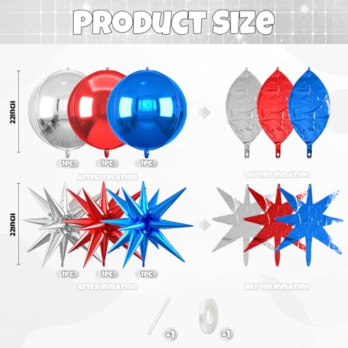 Image of 6pcs 22 inch Blue Silver Red Star Balloons and 4D Large Foil Balloons, Red Silver Star Balloon Dark Blue 4D Foil Aluminum Balloon For Birthday Baby Shower Independence Day Party Wedding Decorations