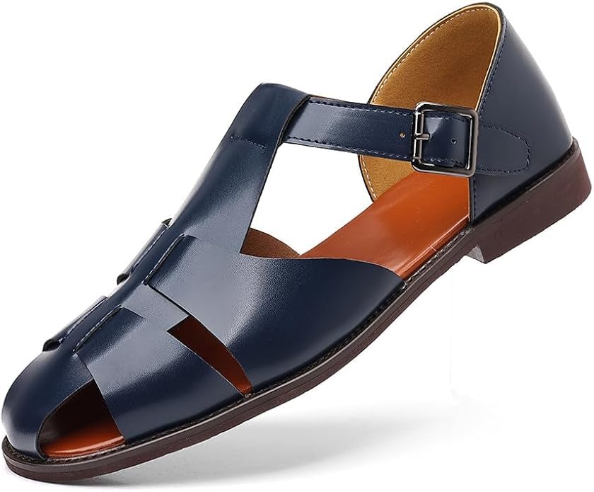 Men's Leather Hollow Flat Fisherman Sandals with Buckle, Men's Closed Toe Breathable Low Heel Non-slip Wading Roman Sandals for Beach, Leisure, Work, Driving, Travel, Walking