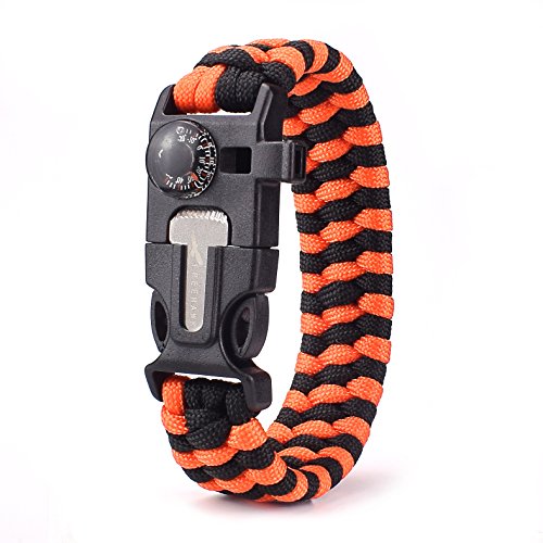 ViMall Must-Have Outdoor Survival Paracord Bracelet/Emergency Kit with Thermometer Fire Starter Scraper Whistle Kit-Parachute Cord-Escape Survival Gear Pack (Orange&Black 1PCS)