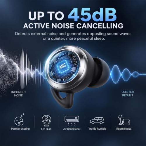 Zqoxtr ANC Sleep Earbuds for Side Sleepers, Mini Low-Profile Sleeping Headphones for Snoring & Night Noise, Sleep Mode with No Low-Battery Beep, White Noise, 48H Charging Case, Bluetooth 6.0, Black - image 2