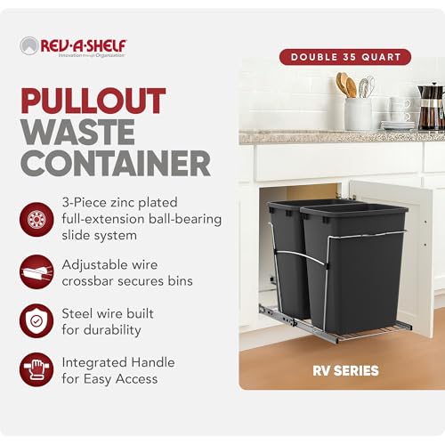Image of Rev-A-Shelf Double Pullout Garbage Trash Cans for Kitchen Cabinets, 35 Qt