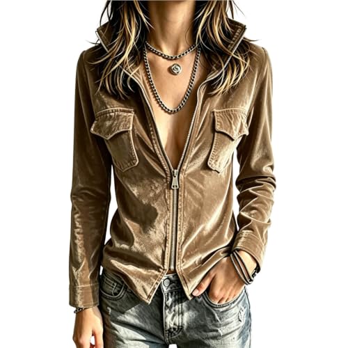 Womens Fall Tops Full Zip Collared Shirt with Pockets Khaki M