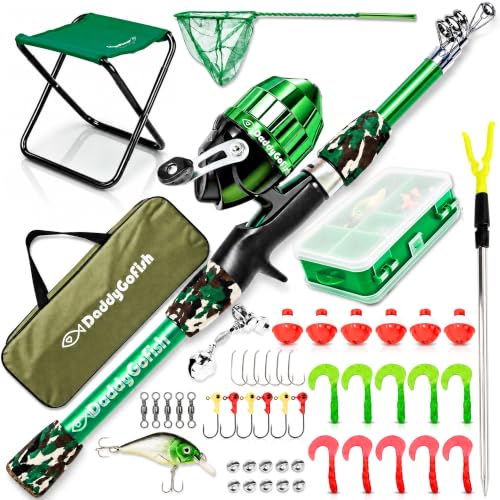 DaddyGoFish Kinder Angelset - Teleskoprute & Rolle Combo mit Klappstuhl Rutenhalter Tackle Box Ködernetz und Tragetasche für Jungen und Mädchen - Grün 4ft