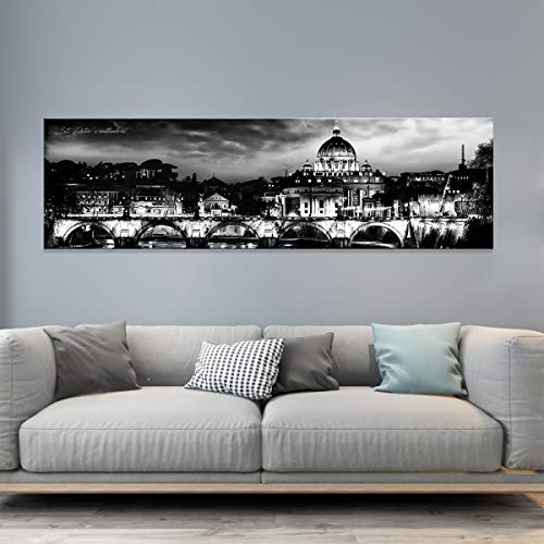 St. Peter's Cathedral Wall Art In Rome, Italy Decor Black And White Cityscape Canvas Print Pictures Night View Bridge Panoramic Posters Modern Artwork For Living Room Bedroom Home Decoration 14X48" #TOP2