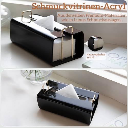 Acryl Kosmetiktücherboxen Rechteckig mit Geschwungenem Design - Dekorativer, Moderner, Kristallklarer Taschentuchspender mit Goldenen Metallakzenten für Bad/Wohnzimmer/Büro-Deko