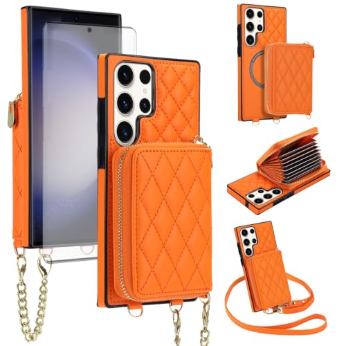 Asuwish Magnetic Wireless Charging Wallet Phone Case for Samsung Galaxy S23 Ultra 5G with Screen Protector Crossbody Strap RFID Blocking Card Holder S23Ultra 23S S 23 23Ultra 6.8 inch Women Orange