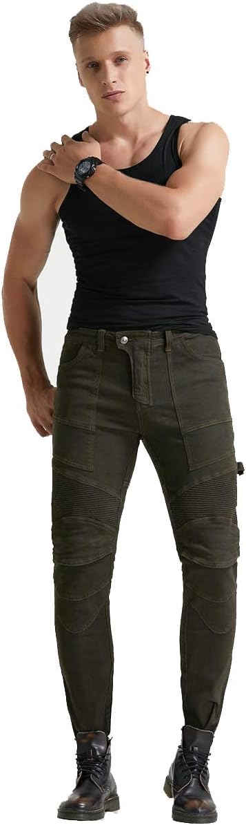 Takuey Men Motorcycle Riding Jeans Cycling Racing Pants with 4 X Knee Hip Protector Pads