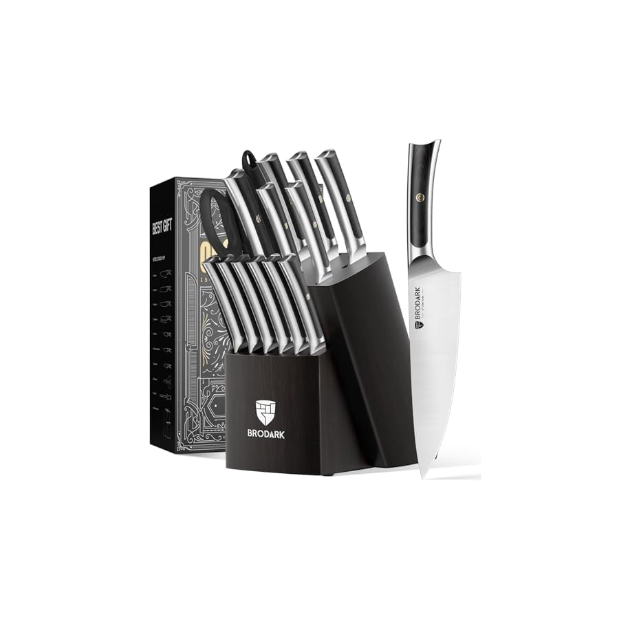 BRODARK Knife Set 15 PCS, Chef Knife Set with Block and Sharpener, High Carbon Stainless Steel Knife Block Set, Ergonomic Pakkawood Handle for Kitchen Cooking