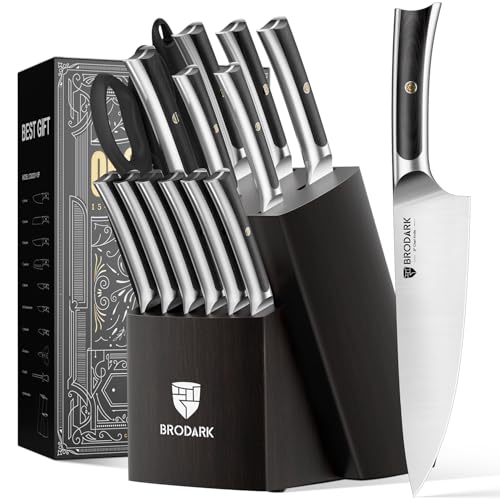 BRODARK Kitchen Knife Set with Block and Sharpener,15 PCS High Ca...