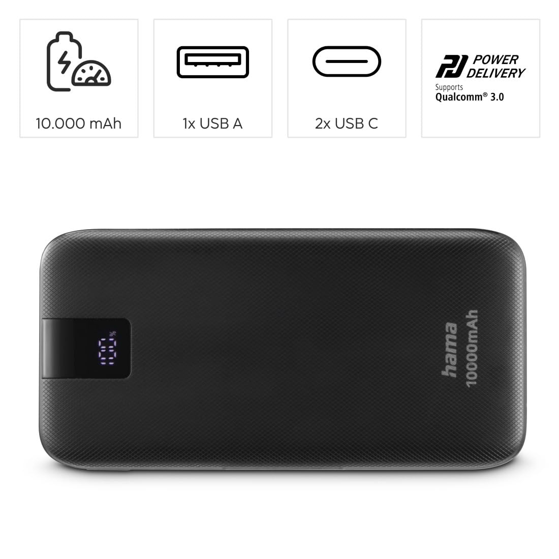 Power Pack "PD 10" 10000 mAh, Uscite: 2x USB-C, USB-A, Ricarica rapida, anth.